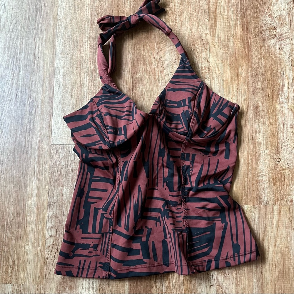 Athleta Maroon Black Swim Tankini Top Underwire Padded Tie Halter Neck 32‎ B/C